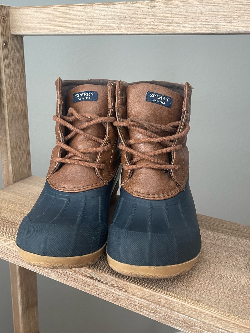 Sperry Port Duck Boots Kids Size 2 Brown Navy Waterproof Rain Boots Fall Shoes